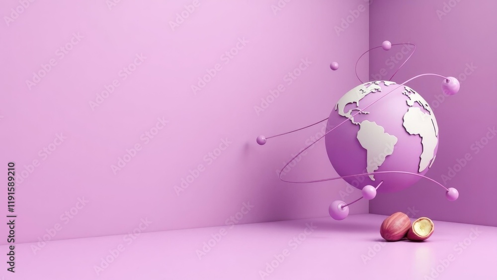 Poster pistachio globe connected by lines on right. soft black background. copy space for text, 3d render a