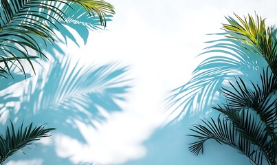 Fototapeta premium palm leaves on a white wall, with a turquoise sky peeking from the top