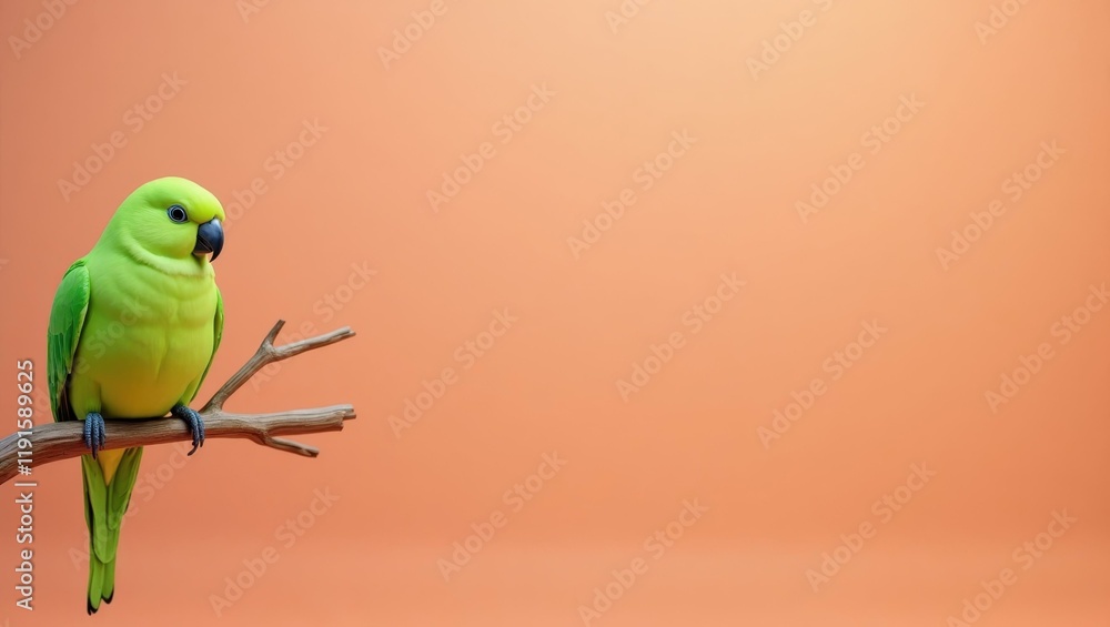 Poster lime green parrot perched on a branch on left. soft yellow background. copy space for text, 3d rende