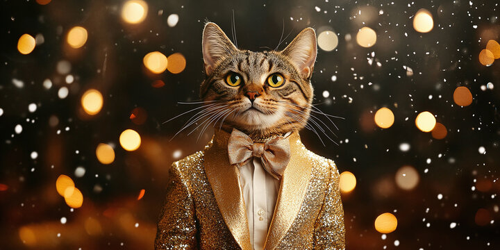 An elegant Maine Coon cat adorned in a luxurious gold suit paired with a matching bow tie, posing gracefully against a shimmering golden bokeh backdrop, exuding charm and sophistication.