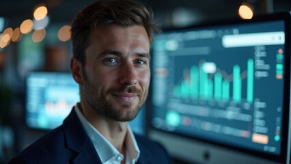 Portrait of a community manager with a blurred social media dashboard. Focused, approachable expression showcases digital expertise. No hands shown.