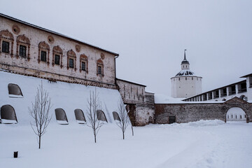 An inside view of the wall of the Kirillo-Belozersky Monastery together with a tree. Vologda region
