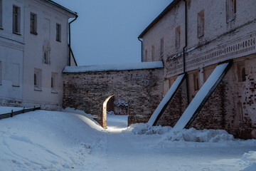 View of the Kirillo-Belozersky Monastery in the evening under artificial light. Vologda region