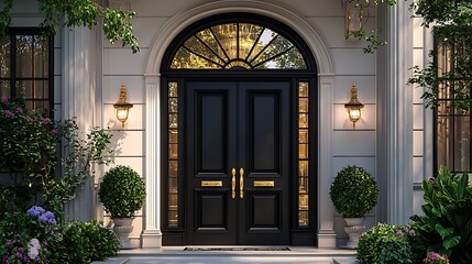 A black wooden double door