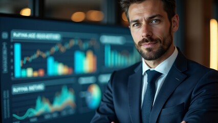 Portrait of a business consultant in a tailored suit, blurred graphs in background. Confident, visionary expression reflects expertise. No hands shown.