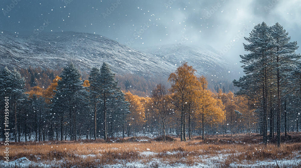Poster Snowfall over autumn landscape with mountains and trees in a serene environment