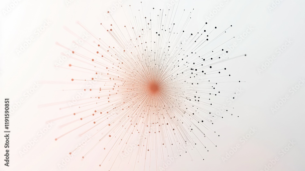 Poster graphical representation of a minimalistic virus design with radiating lines and dots in a soft colo