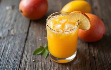 Fototapeta premium Summer drink with fruits mango and banana cocktail on wooden background