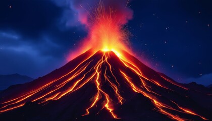 Volcanic Eruption at Night with Glowing Lava Flowing Down the Mountain Side