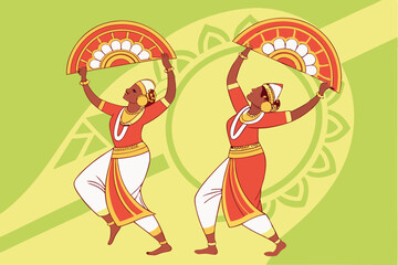 Traditional Indian dancers, vibrant red and gold costumes, white dhotis, choreographed formation, Thiruvathirakali dance, Kerala culture, energetic poses, raised arms, joyful expression, colorful illu