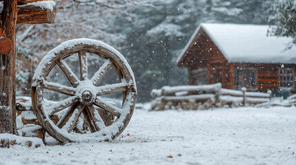 Fototapeta premium Snow-covered wagon wheel beside a rustic cabin in a winter landscape