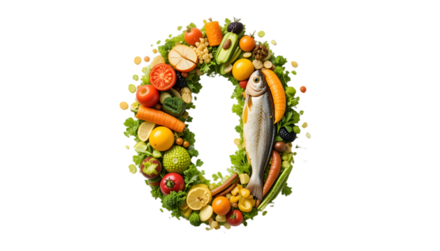 Number 0 made of healthy food. Healthy eating of vegetables, fruits and fish on white background. Food number 0 isolated on white. Healthy food, balanced, food trends, sustainable concept