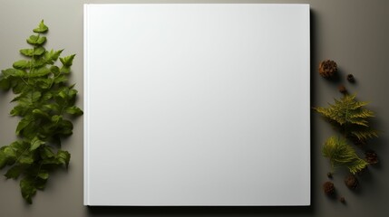 A white book with a green leaf on top of it