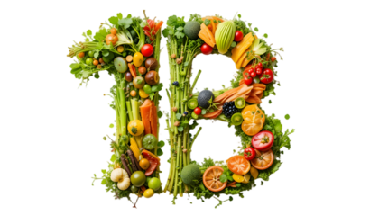  Number 1B made of healthy food. Healthy eating of vegetables, fruits and fish on white background. Food number 1B isolated on white. Healthy food, balanced, food trends, sustainable concept