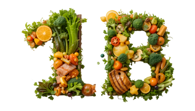  Number 1B made of healthy food. Healthy eating of vegetables, fruits and fish on white background. Food number 1B isolated on white. Healthy food, balanced, food trends, sustainable concept