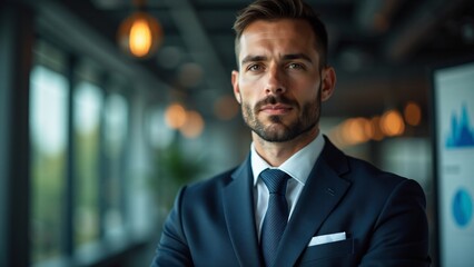 Fototapeta premium Portrait of a sales manager in a business suit, blurred charts background. Determined, confident expression shows leadership. No hands visible.