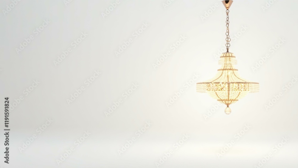 Poster sparkling diamond chandelier on right. soft yellow background. copy space for text, 3d render ai gen