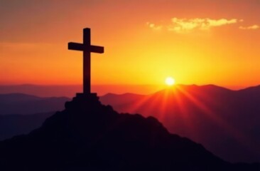 cross silhouette on the mountain at sunset
