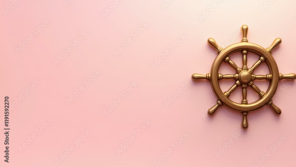 Poster brass ship wheel on right. soft red background. copy space for text, 3d render ai generated designer