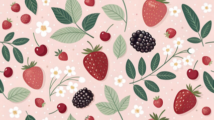 seamless background with berries, raspberry, vector, sweet, illustration, ripe, summer, nature, berries, fruits, leaf, healthy, wallpaper