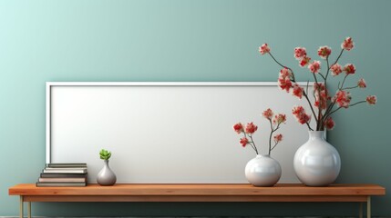 A white vase with red flowers sits on a wooden shelf next to a white vase