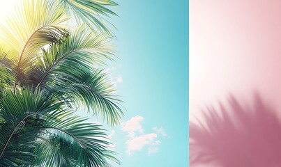 the gentle interplay of pastel colors with palm leaves against a turquoise sky