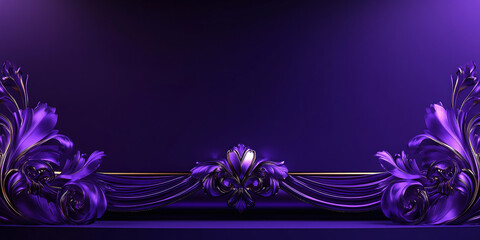 Elegant purple background with intricate gold floral ornaments and draped fabric elements, creating a luxurious and sophisticated decorative design.