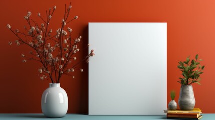 A white frame with a vase of flowers and a potted plant sits on a table