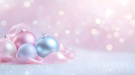 Elegant Pink and Blue Christmas Baubles with Glittering Ribbons on a Soft Background