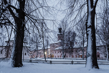 View of the Kirillo-Belozersky Monastery in the evening under artificial light. Vologda region