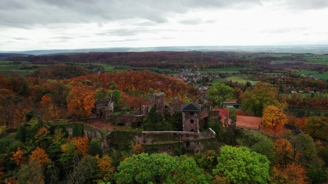 Aerial view ruins of old castle. Ruin of Hohnstein Castle, Harz mountains, Germany.