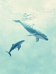 Fototapeta premium Mother whale and calf swim gracefully in clear blue ocean depths. Generative AI