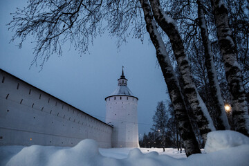 View of the Kirillo-Belozersky Monastery in the evening under artificial light. Vologda region