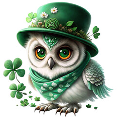 A st patrick owl is adorned with a green hat