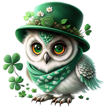 A st patrick owl is adorned with a green hat