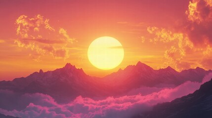 Fototapeta premium Bright sunrise illuminating majestic mountain peaks with vibrant colors over fluffy clouds. Generative AI