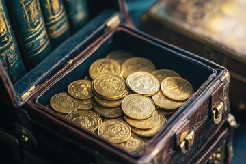 A chest overflowing with gold coins is displayed on a wooden surface next to a collection of old books, creating a rich and inviting atmosphere in a cozy space