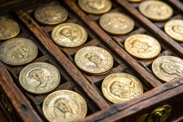 A chest brimming with shiny gold coins is displayed on a rustic wooden table. Each coin features unique designs, reflecting its historical value and craftsmanship