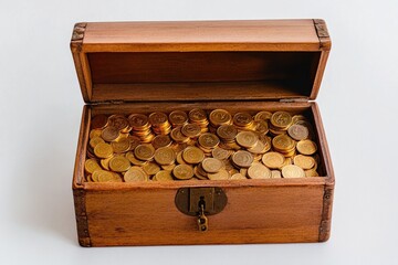 A wooden chest overflowing with shiny gold coins rests on a flat surface, highlighting the allure of treasure and wealth. The gleaming coins draw attention