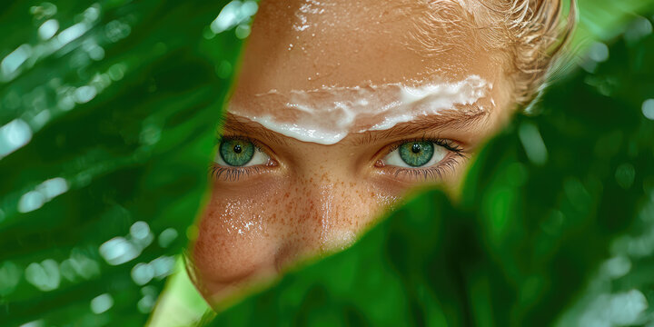 A young beautiful smiling woman with a smear of cosmetic cream on her face hides behind a tropical leaf. Wellness day concept, skin care