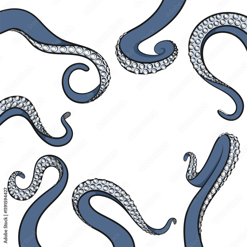 Poster set of color illustrations with octopus tentacles. isolated vector objects on white background.