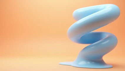 Modern Art. Blue abstract sculpture twisted shape on peach background