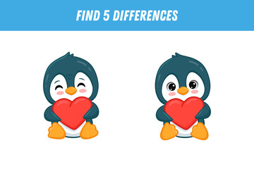 Obraz premium Find 5 differences between two pictures of cute penguin with red heart. Cartoon animal in flat style. Educational logical game for children. 