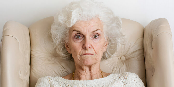 Strict old woman in the home interior. Angry grandmother or mother-in-law, domestic quarrels, family conflict
