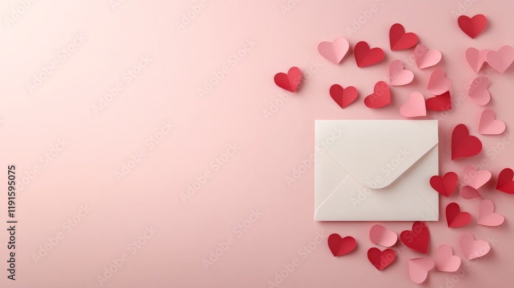 Poster red and pink paper hearts are surrounding a white envelope lying on a pink background, creating a ro