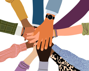 Hands of diverse business people putting together. Concept of cooperation, unity, togetherness, partnership, teamwork, support. Flat cartoon vector illustration isolated on white background.