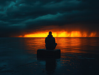 Gazing into the horizon by the serene ocean at sunset, a person finds calm and clarity amidst the vibrant colors of nature