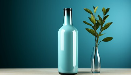A bottle of blue liquid sits on a table next to a vase with a leaf in it