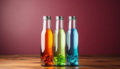 Three bottles of different colored liquids are lined up on a wooden table