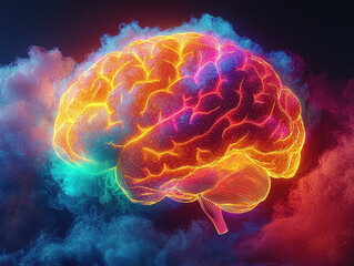 Obraz premium Vivid abstract representation of a glowing brain surrounded by soothing waves emphasizing mental health and healing